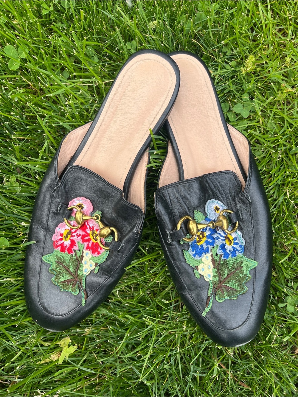 Black Leather Floral Horsebit Mules